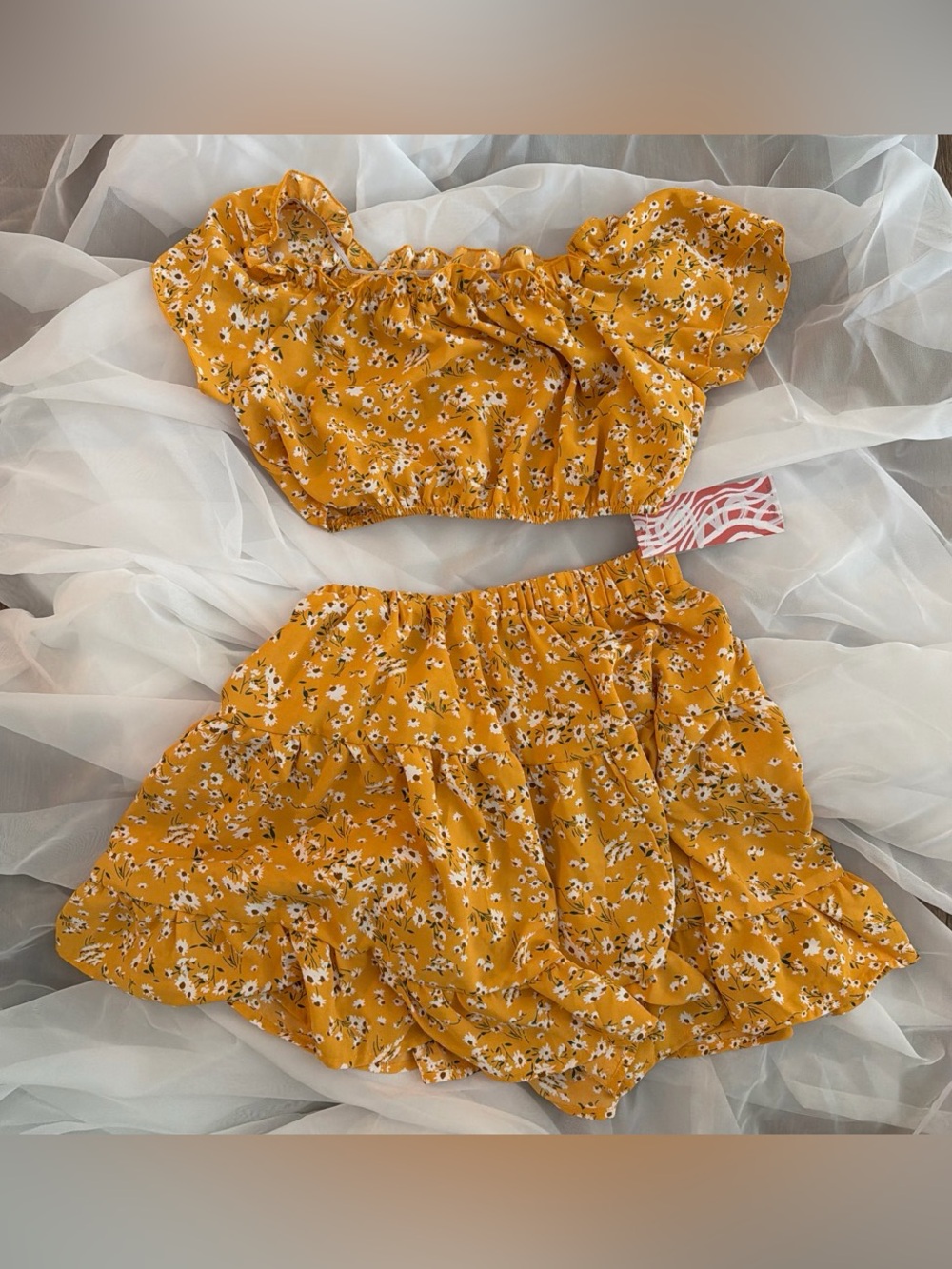 ROMWE Mustard Yellow Floral Cropped Top & Skirt Set
